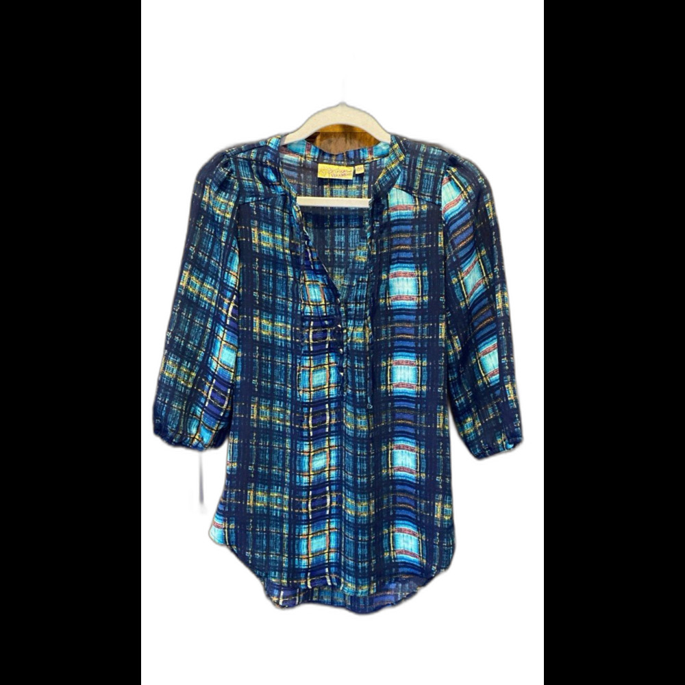 Princess Vera Wang Blouse Size XS Blue Plaid Tie Neckline 3/4 Sleeve Sheer‎ Top